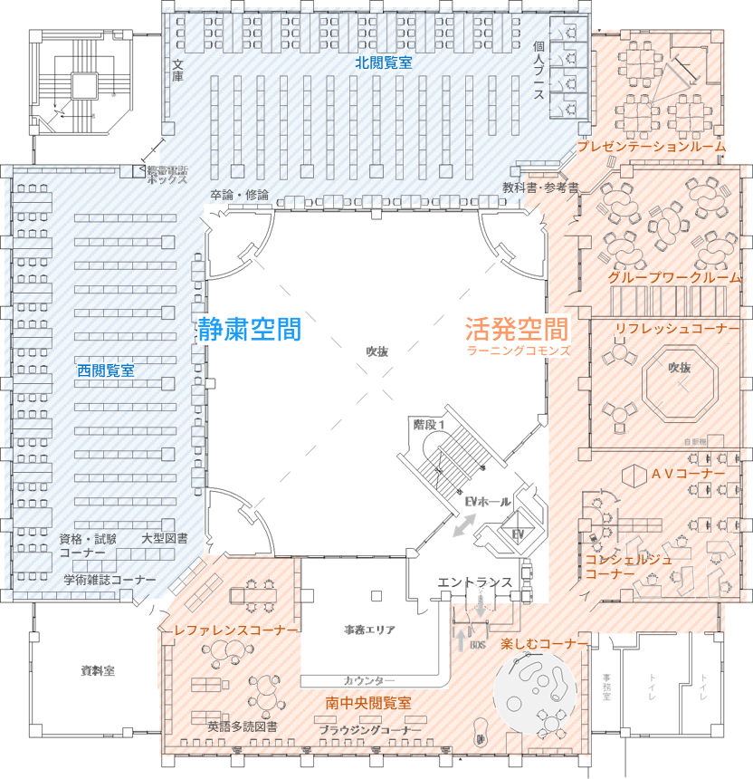 図書館のエリア分けを表現した館内図です。西・北閲覧室が静粛空間、南閲覧室・東側エリアがラーニングコモンズ(共同学習エリア)です。